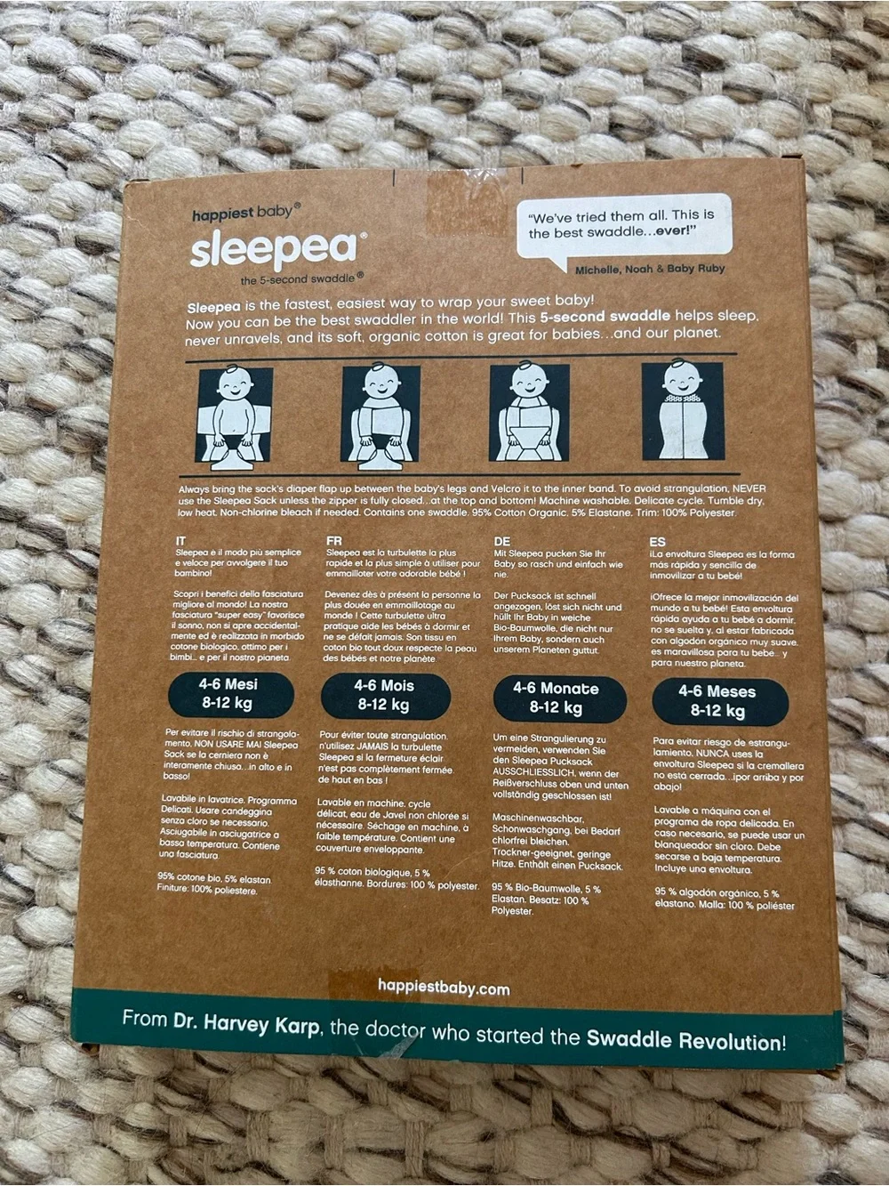 Happiest Baby Sleepea 5-Second Swaddle Organic Cotton Large 4-6 Months New